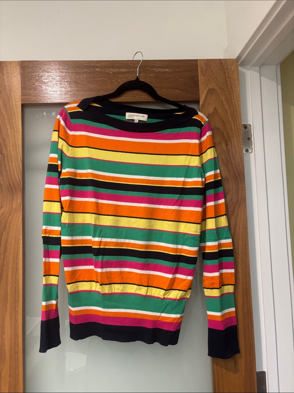 Jones New York Sport Black, Pink & Teal Striped Crewneck
